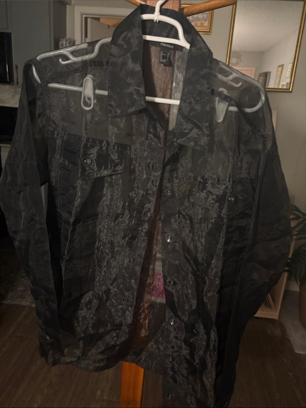 Men's Black Sheer Button-Up Shirt Jacket